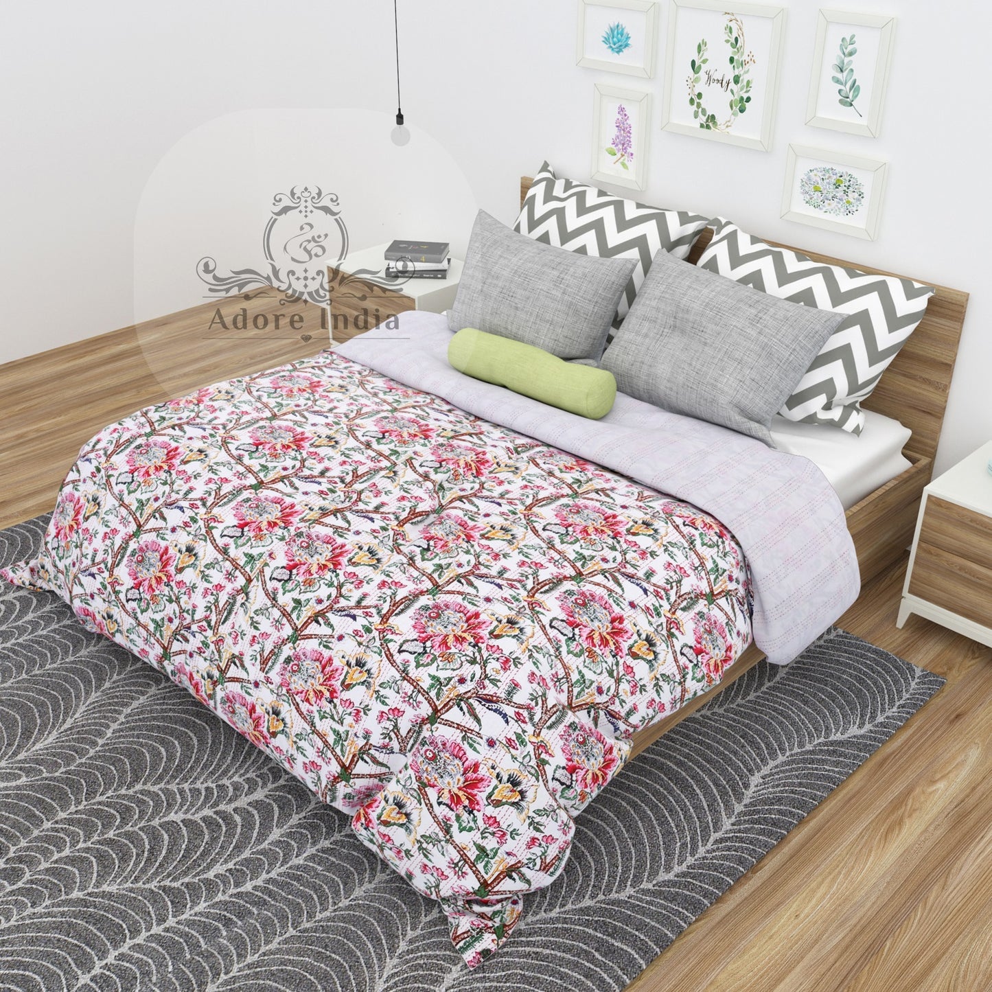 Handmade Molly Bloom Indian Cotton Reversible Kantha Quilt Bedspread Throw - Adore India   