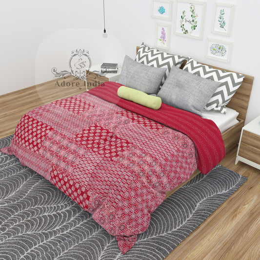 Red Block Print Patchwork Cotton Kantha Quilt Bedspread - Adore India   