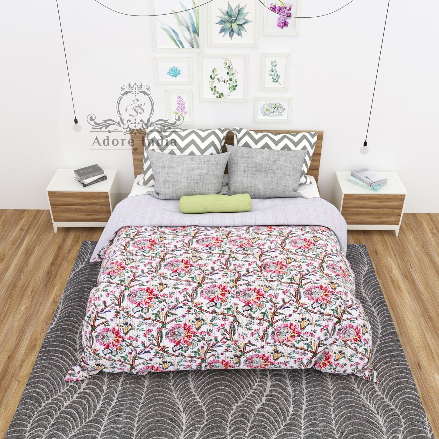 Handmade Molly Bloom Indian Cotton Reversible Kantha Quilt Bedspread Throw - Adore India   