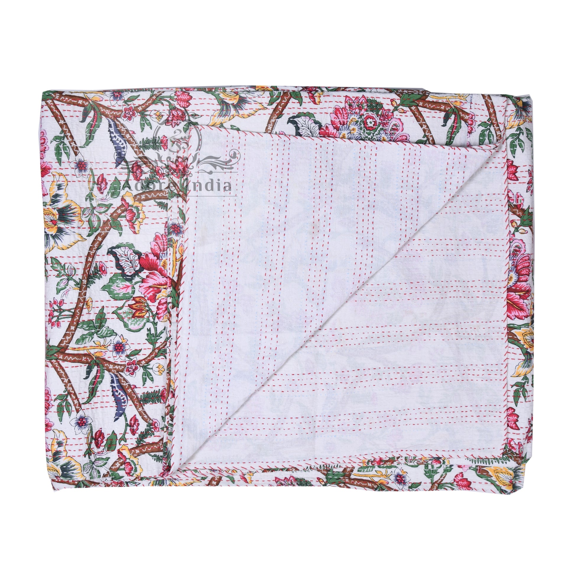 Handmade Molly Bloom Indian Cotton Reversible Kantha Quilt Bedspread Throw - Adore India   