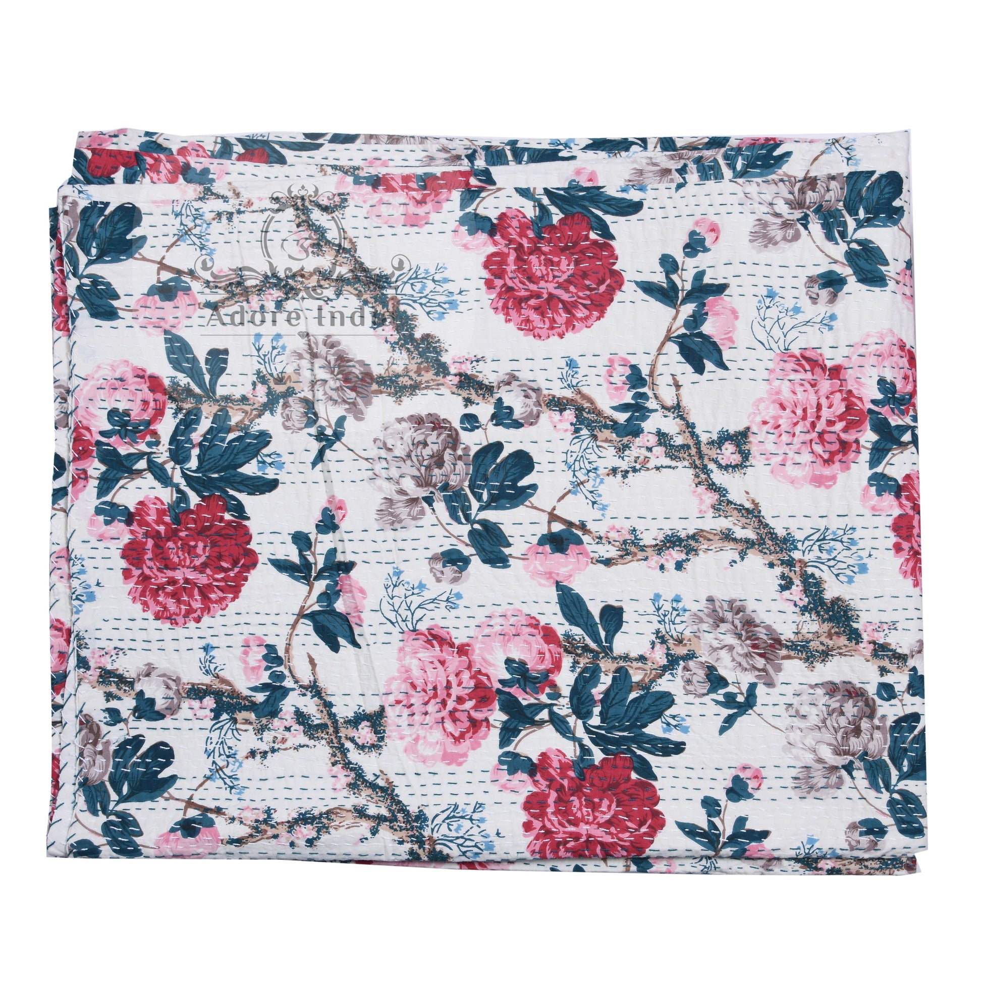Handmade Magical Flower Printed Cotton Reversible Kantha Quilt Bedspread Throw - Adore India   