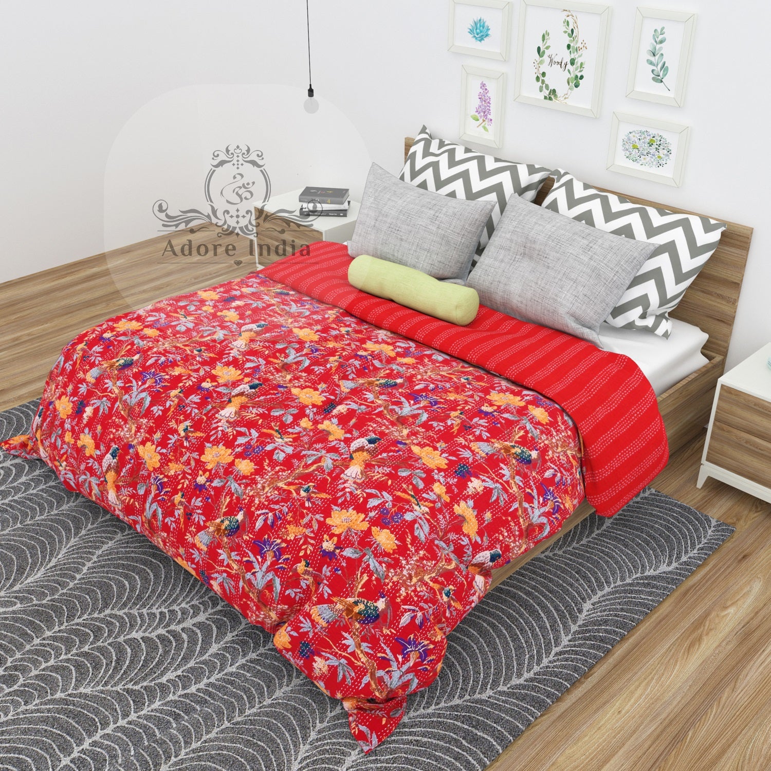 Handmade Bird of Prey Red Cotton Reversible Kantha Quilt Bedspread Throw - Adore India   