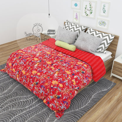Handmade Bird of Prey Red Cotton Reversible Kantha Quilt Bedspread Throw - Adore India   
