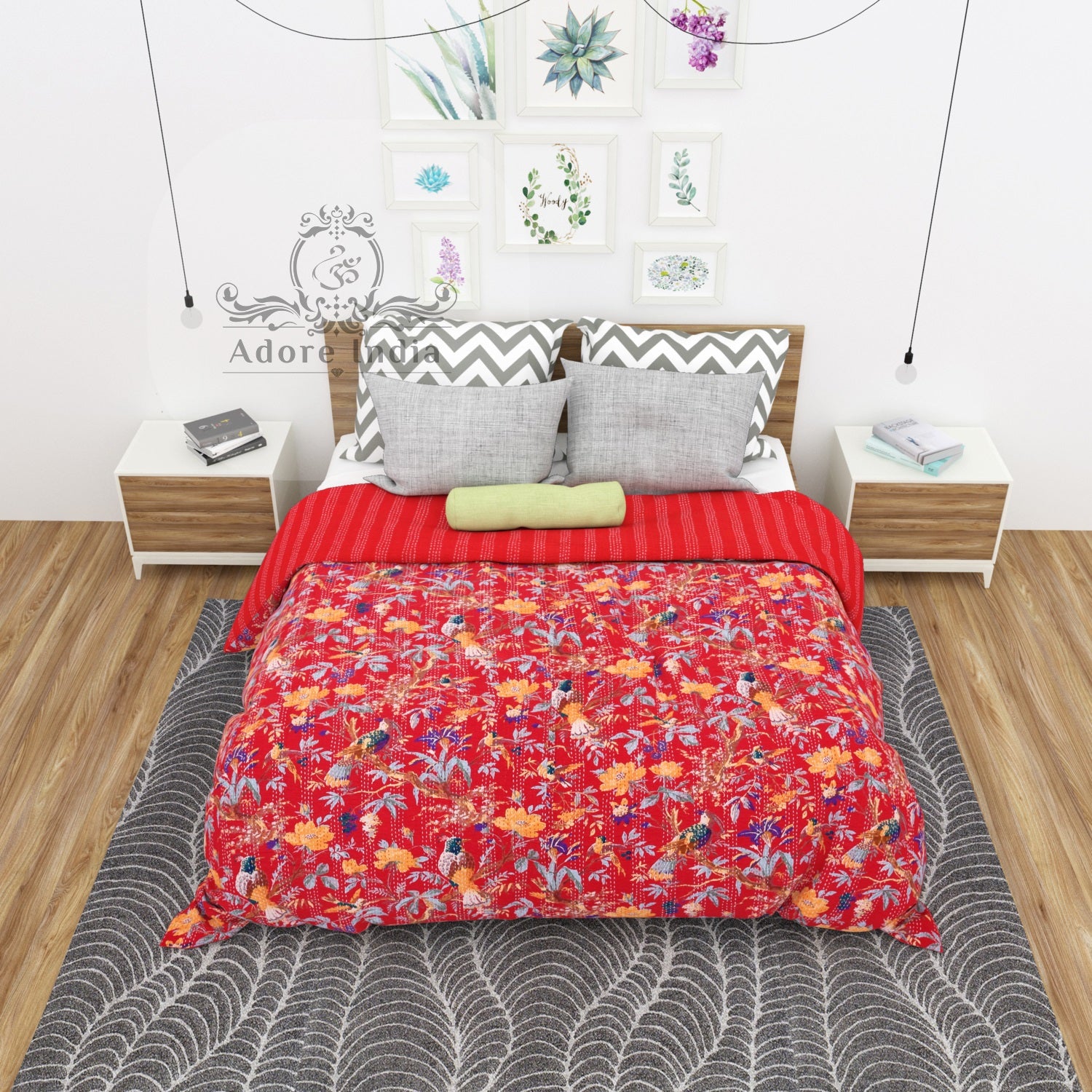 Handmade Bird of Prey Red Cotton Reversible Kantha Quilt Bedspread Throw - Adore India   