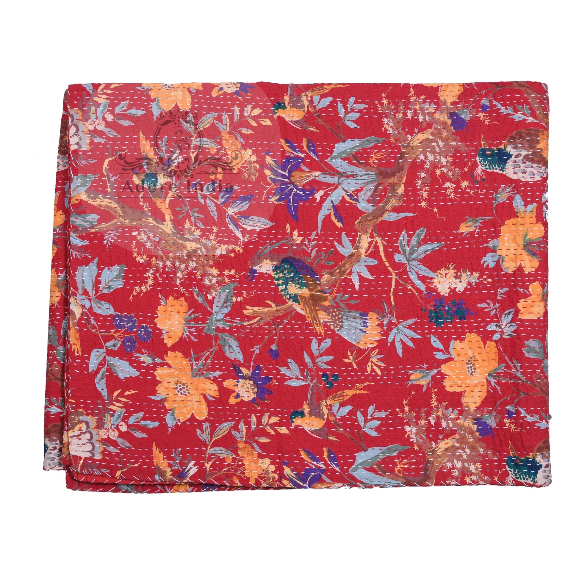 Handmade Bird of Prey Red Cotton Reversible Kantha Quilt Bedspread Throw - Adore India   