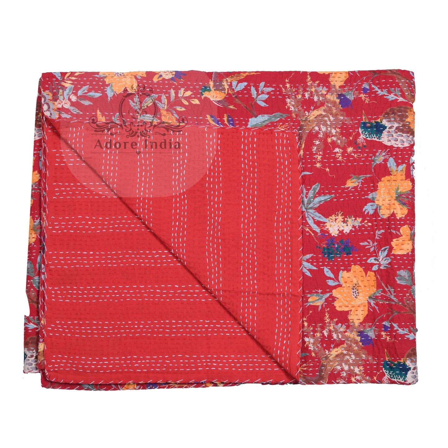 Handmade Bird of Prey Red Cotton Reversible Kantha Quilt Bedspread Throw - Adore India   