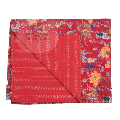 Handmade Bird of Prey Red Cotton Reversible Kantha Quilt Bedspread Throw - Adore India   