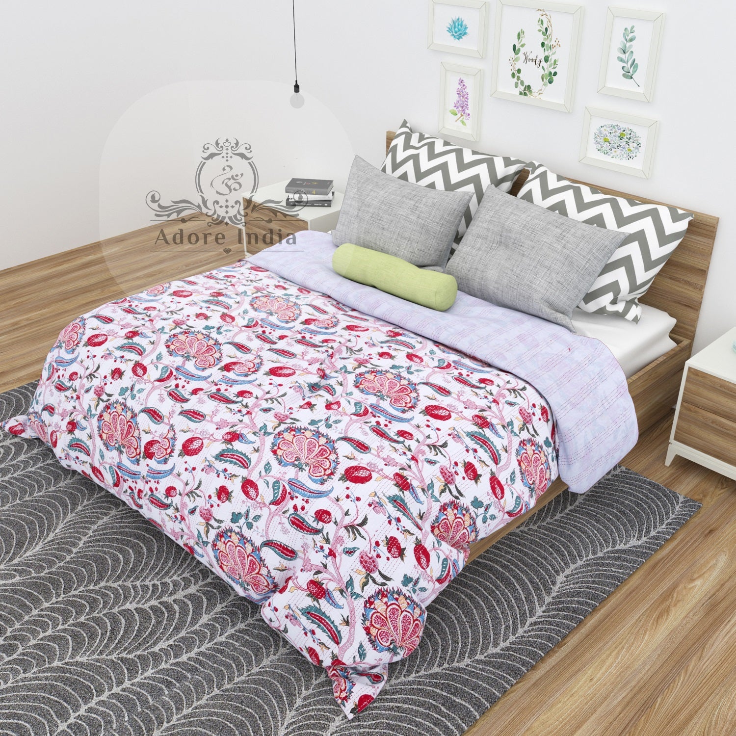 Handmade Melanie Flower Printed Cotton Reversible Kantha Quilt Bedspread Throw - Adore India   