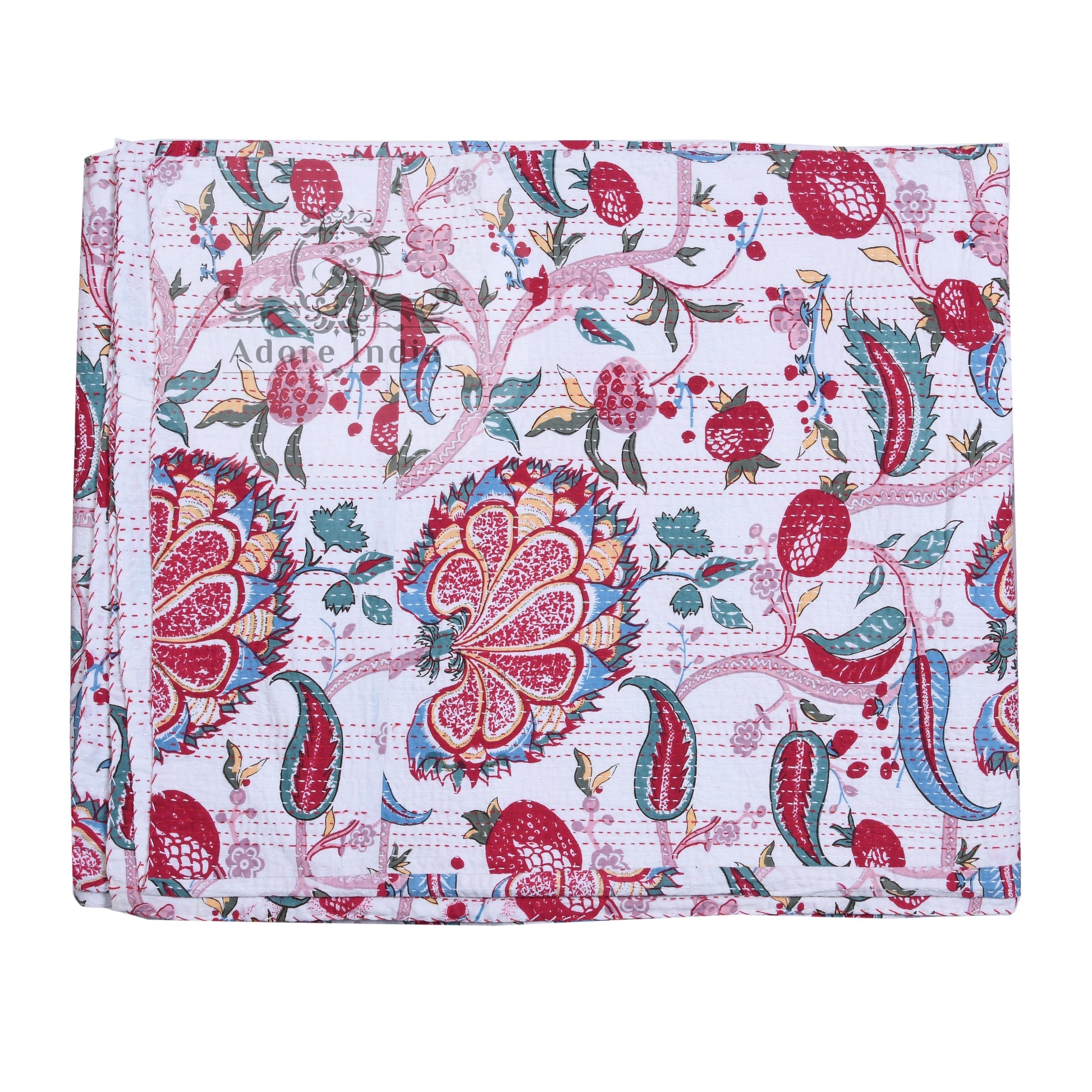 Handmade Melanie Flower Printed Cotton Reversible Kantha Quilt Bedspread Throw - Adore India   