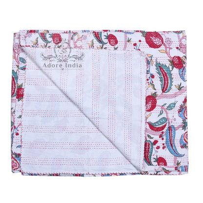 Handmade Melanie Flower Printed Cotton Reversible Kantha Quilt Bedspread Throw - Adore India   