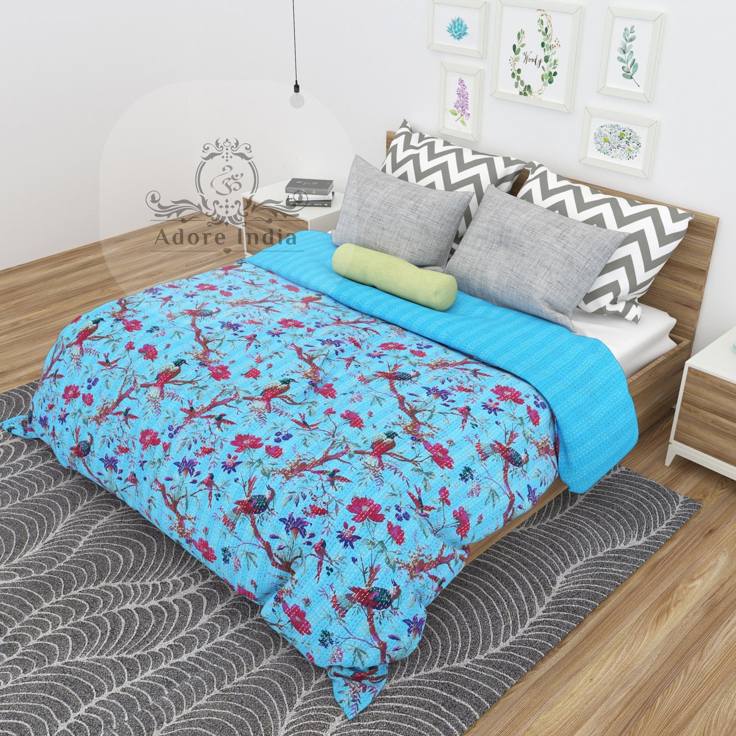 Aqua Blue Bird of Prey Cotton Reversible Kantha Quilt Bedspread Throw - Adore India   