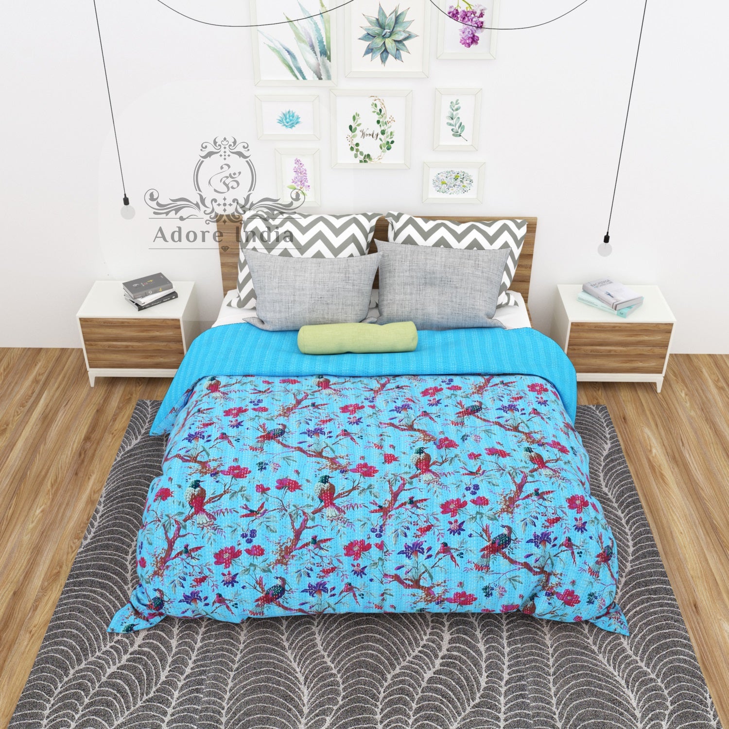 Aqua Blue Bird of Prey Cotton Reversible Kantha Quilt Bedspread Throw - Adore India   