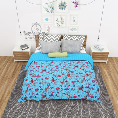Aqua Blue Bird of Prey Cotton Reversible Kantha Quilt Bedspread Throw - Adore India   