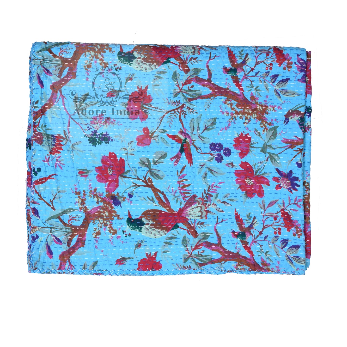 Aqua Blue Bird of Prey Cotton Reversible Kantha Quilt Bedspread Throw - Adore India   