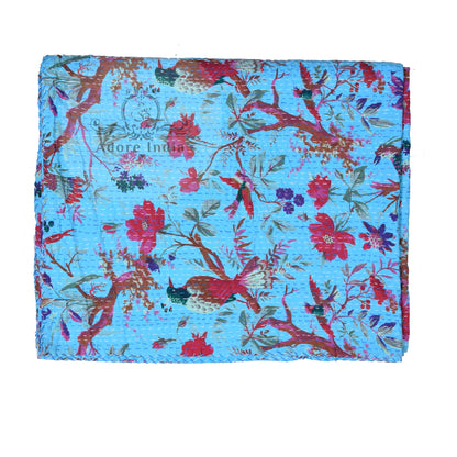 Aqua Blue Bird of Prey Cotton Reversible Kantha Quilt Bedspread Throw - Adore India   