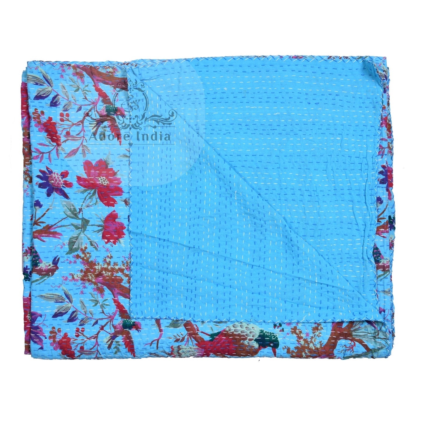 Aqua Blue Bird of Prey Cotton Reversible Kantha Quilt Bedspread Throw - Adore India   