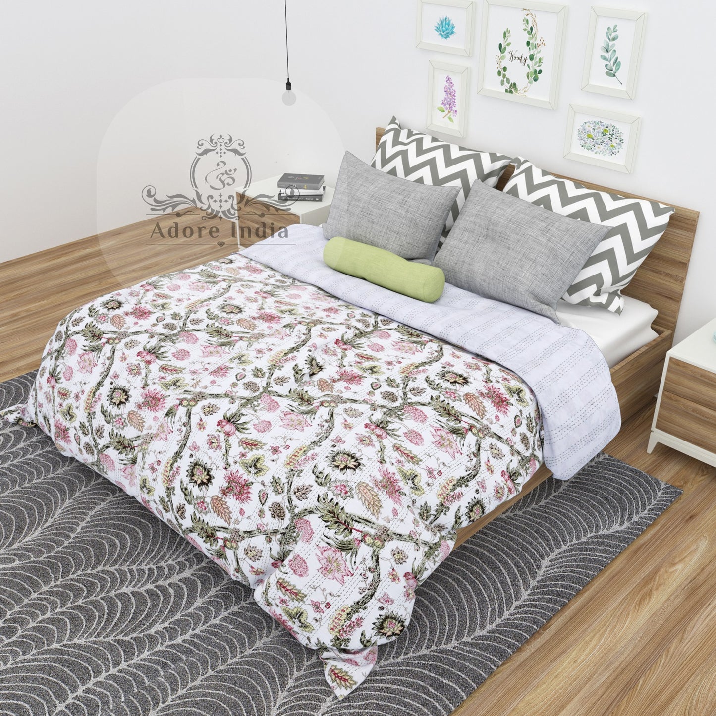 Handmade Divinity Floral Printed Cotton Reversible Kantha Quilt Bedspread Throw - Adore India   