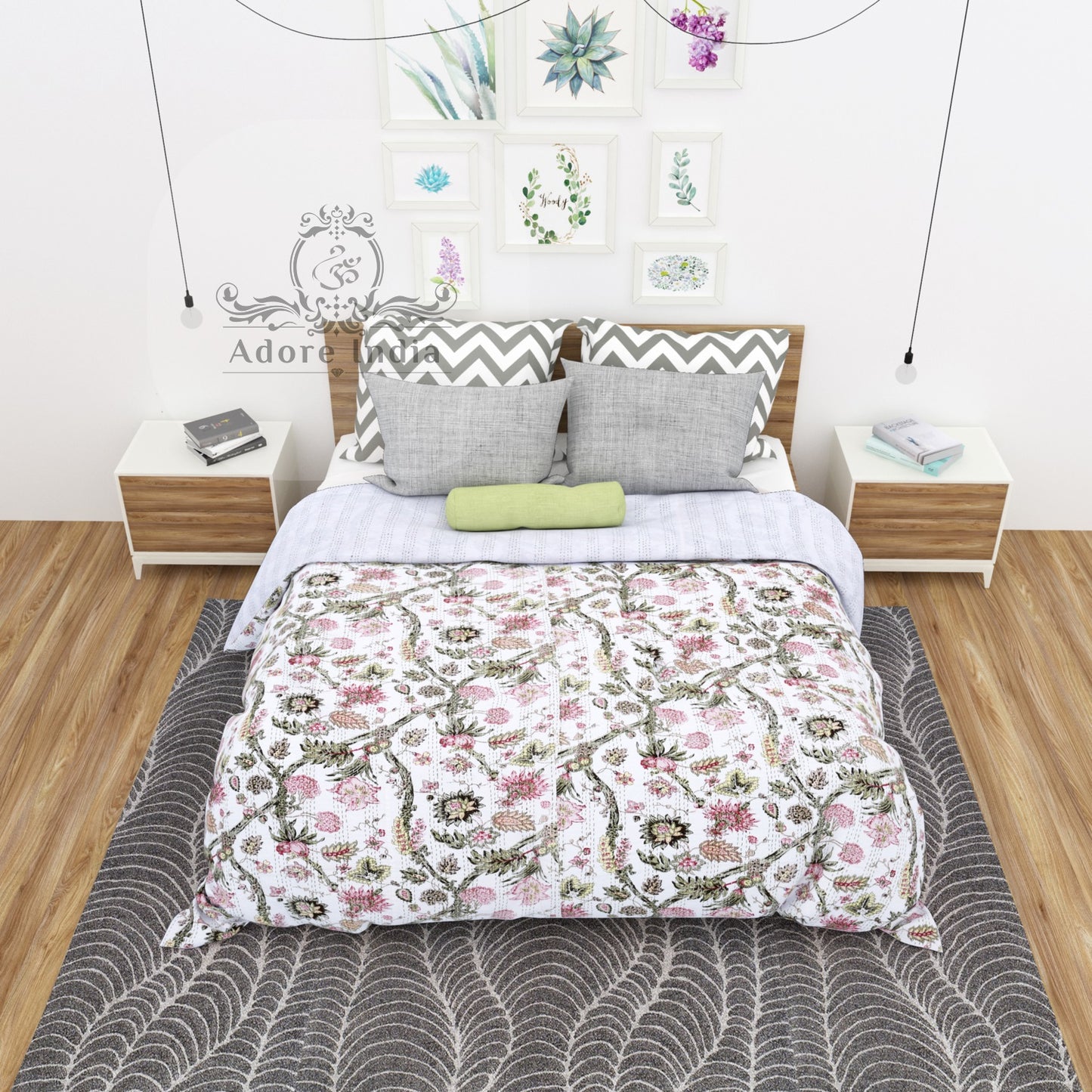 Handmade Divinity Floral Printed Cotton Reversible Kantha Quilt Bedspread Throw - Adore India   