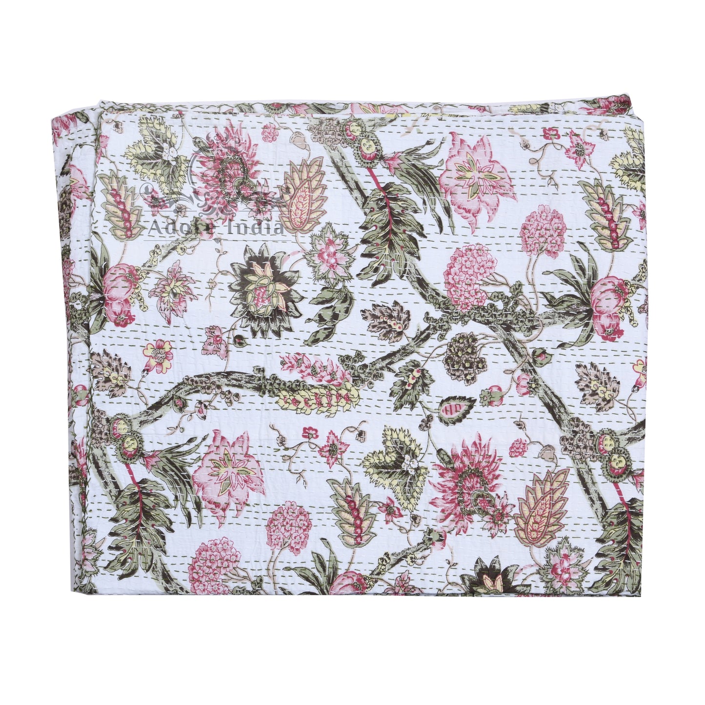 Handmade Divinity Floral Printed Cotton Reversible Kantha Quilt Bedspread Throw - Adore India   