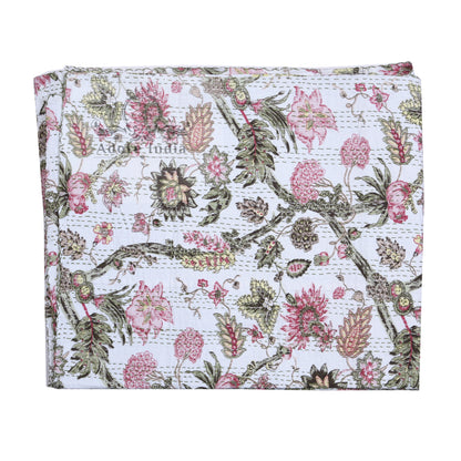Handmade Divinity Floral Printed Cotton Reversible Kantha Quilt Bedspread Throw - Adore India   