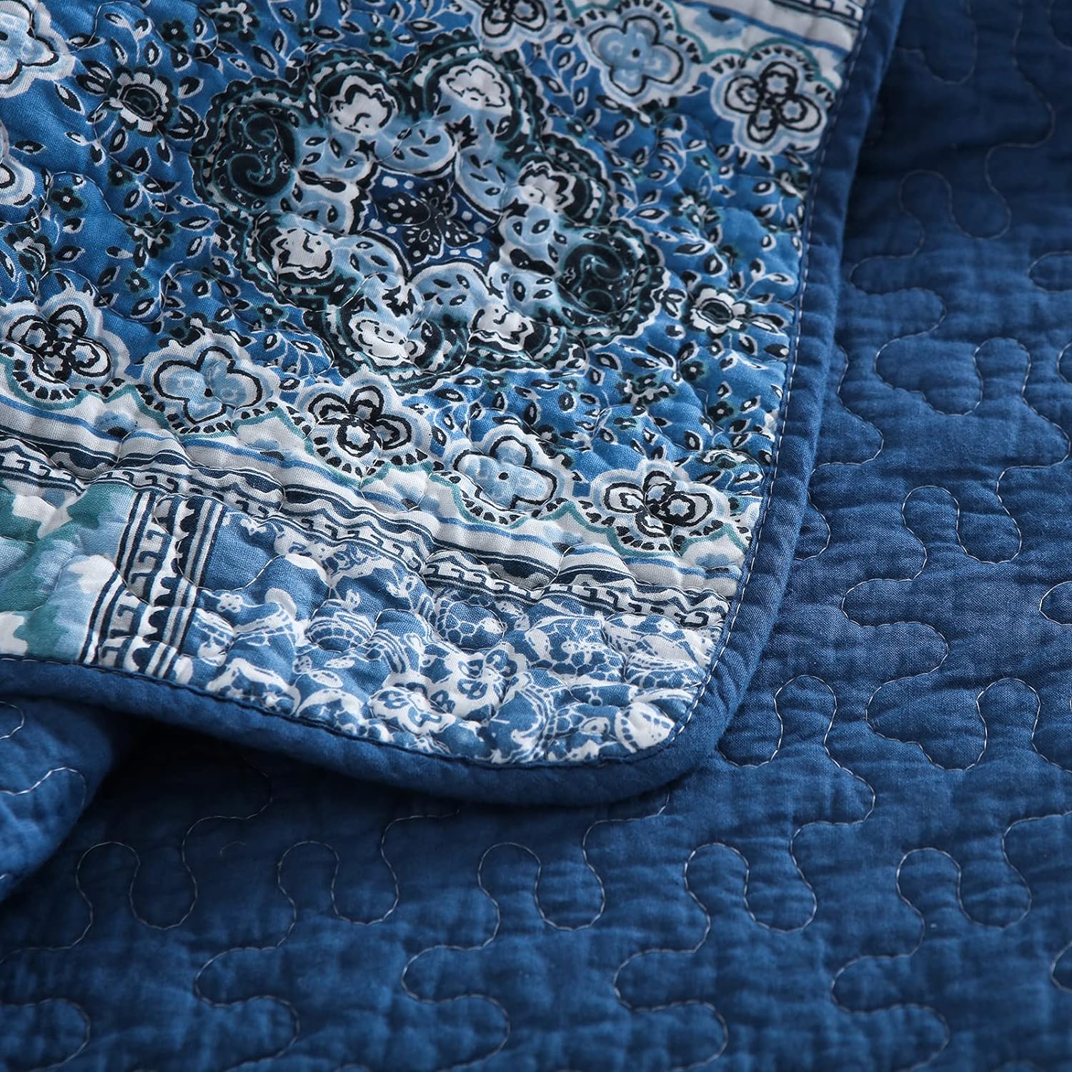 Blue Bohemian Cotton Reversible Rustic Patchwork Printed Bedding Quilt Coverlet Set - Adore India   