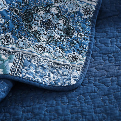 Blue Bohemian Cotton Reversible Rustic Patchwork Printed Bedding Quilt Coverlet Set - Adore India   