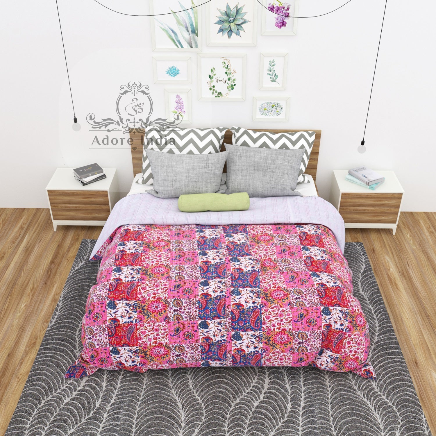 Pink Paisley Print Patchwork Cotton Kantha Quilt Bedspread - Adore India   