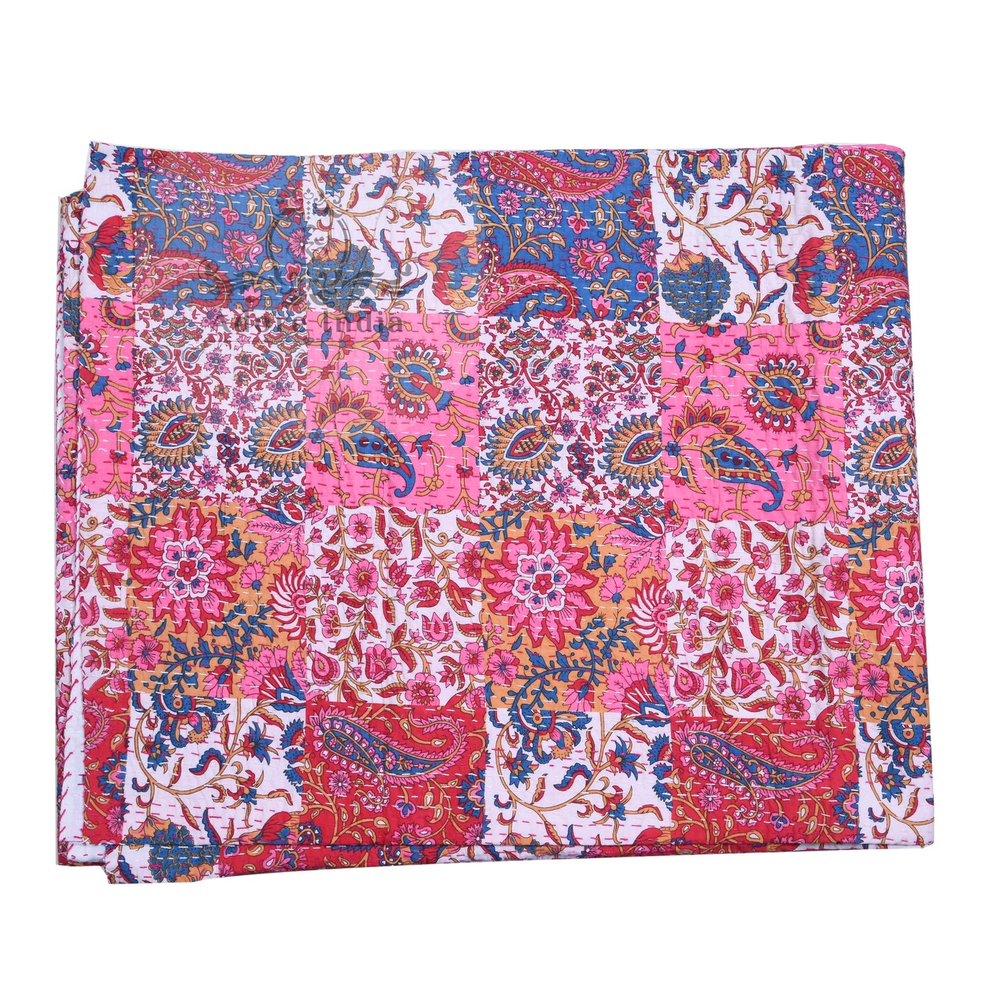 Pink Paisley Print Patchwork Cotton Kantha Quilt Bedspread - Adore India   