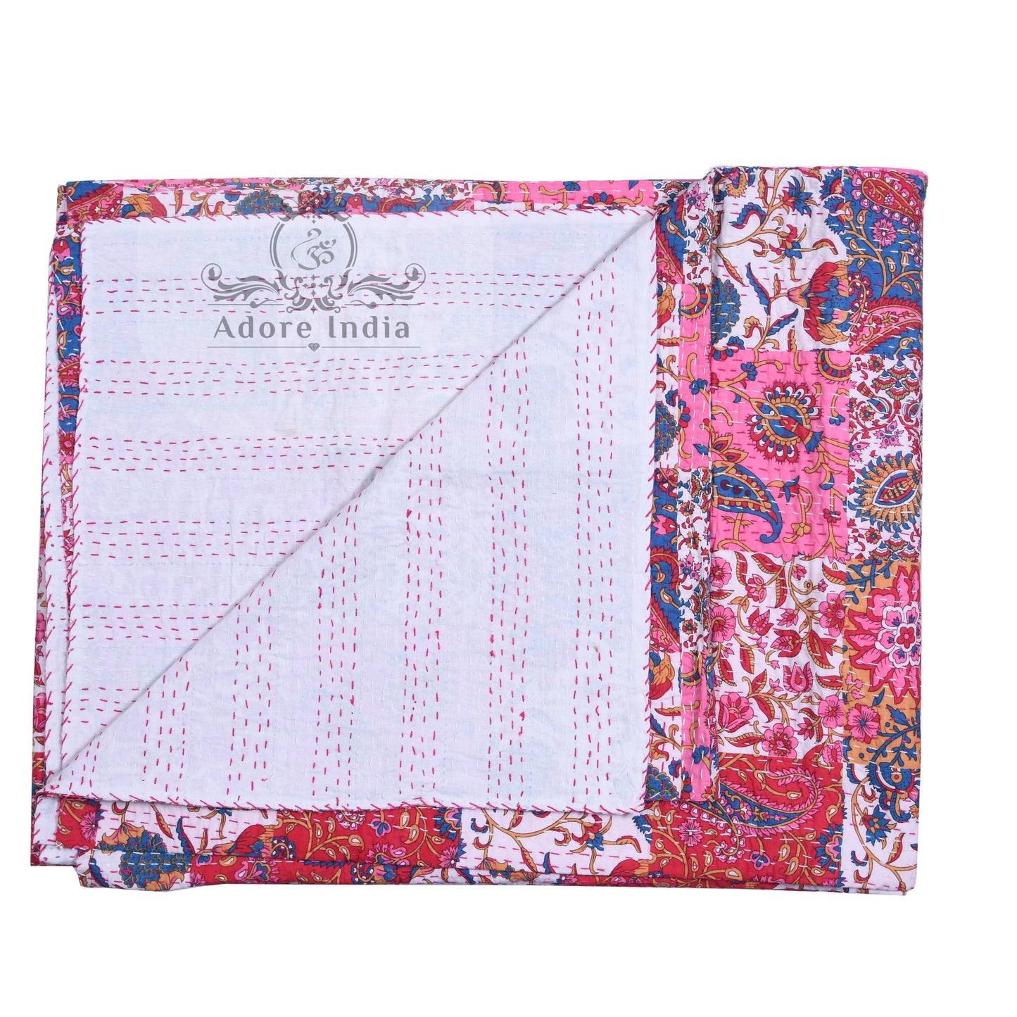 Pink Paisley Print Patchwork Cotton Kantha Quilt Bedspread - Adore India   