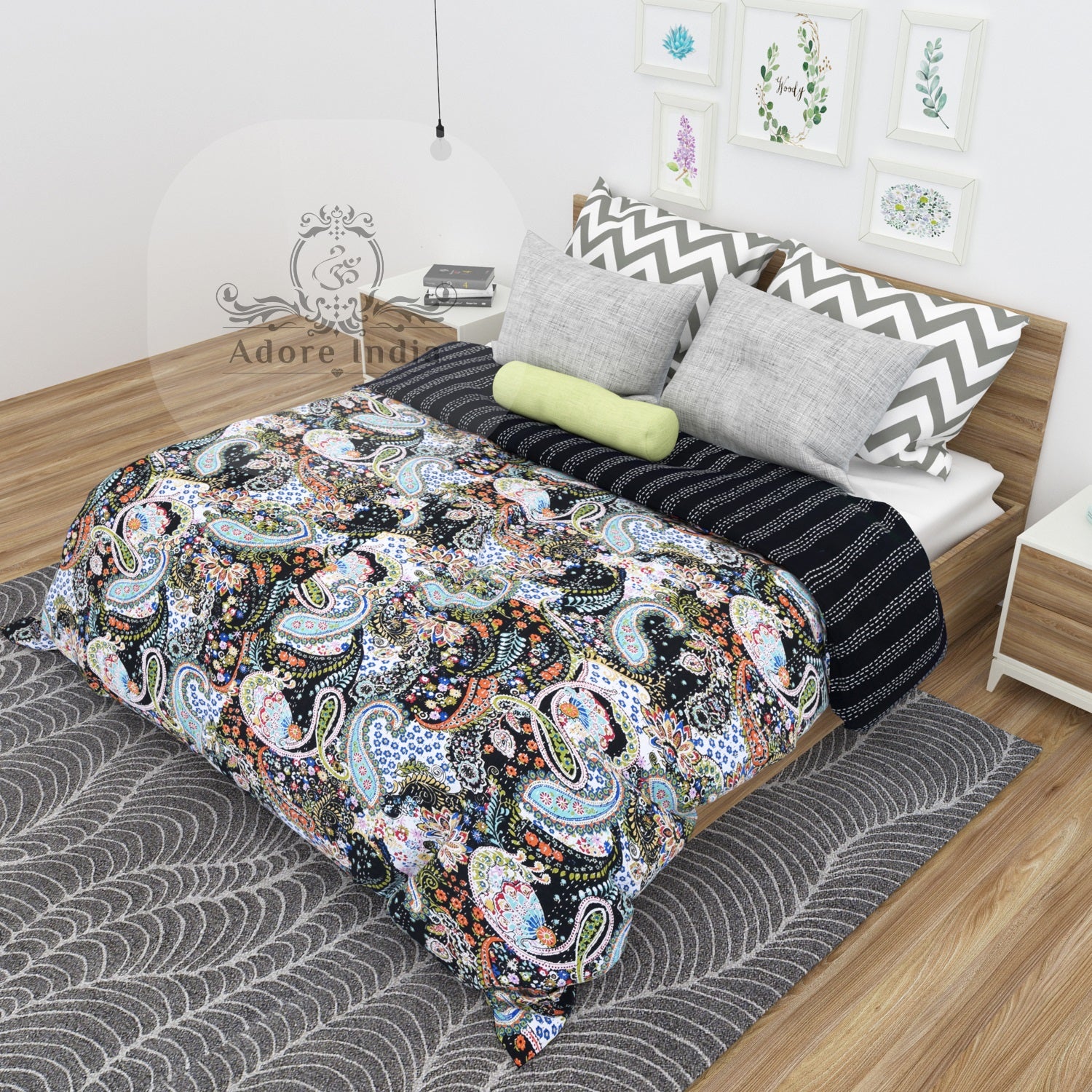 Handmade Black Paisley Print Cotton Reversible Kantha Quilt Bedspread Throw - Adore India   