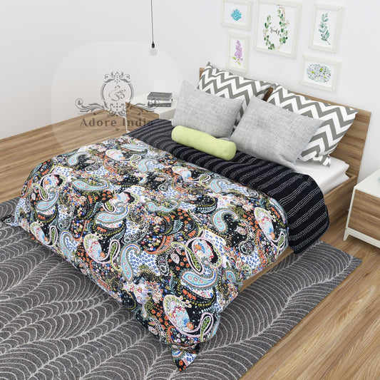 Handmade Black Paisley Print Cotton Reversible Kantha Quilt Bedspread Throw - Adore India   