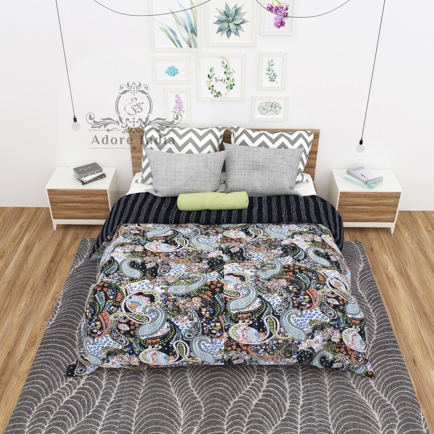 Handmade Black Paisley Print Cotton Reversible Kantha Quilt Bedspread Throw - Adore India   