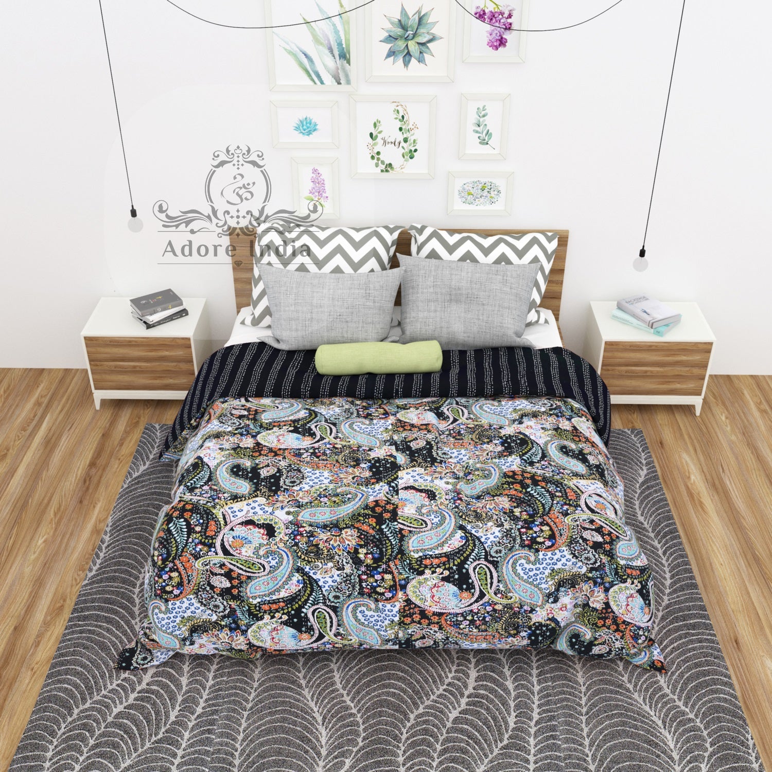 Handmade Black Paisley Print Cotton Reversible Kantha Quilt Bedspread Throw - Adore India   