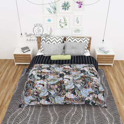 Handmade Black Paisley Print Cotton Reversible Kantha Quilt Bedspread Throw - Adore India   