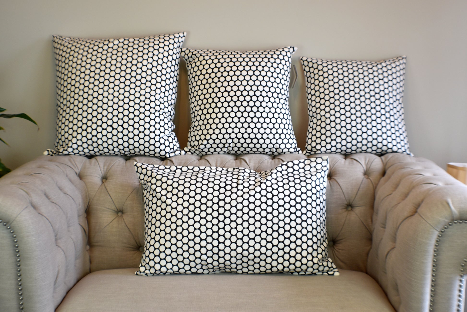 Black Polka Dot Block Print Canvas Cotton Cushion Cover Pillow 2Pcs - Adore India   