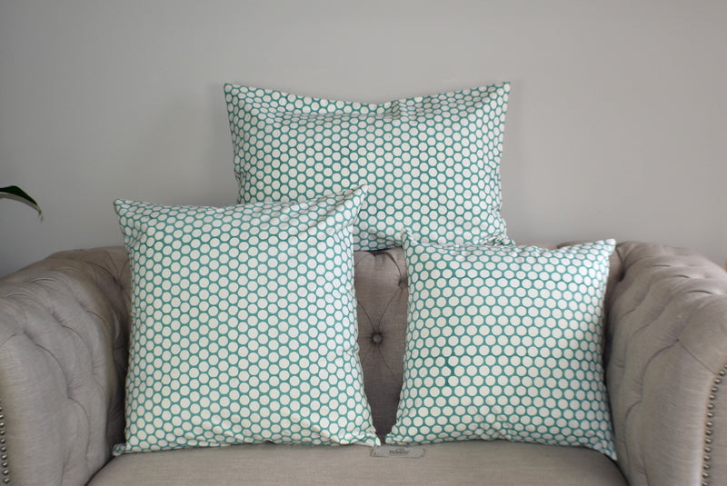 Turquoise Polka Dot Block Print Canvas Cotton Cushion Cover Pillow 2Pcs - Adore India   