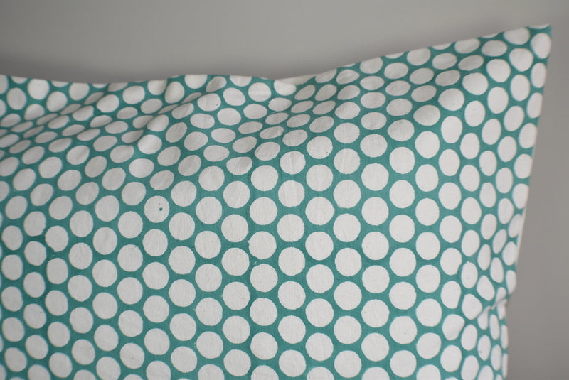 Turquoise Polka Dot Block Print Canvas Cotton Cushion Cover Pillow 2Pcs - Adore India   