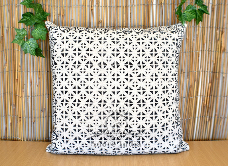 Geometrical Block Print Cotton Dari Cushion Cover Euro Size 65x65cm - Adore India   
