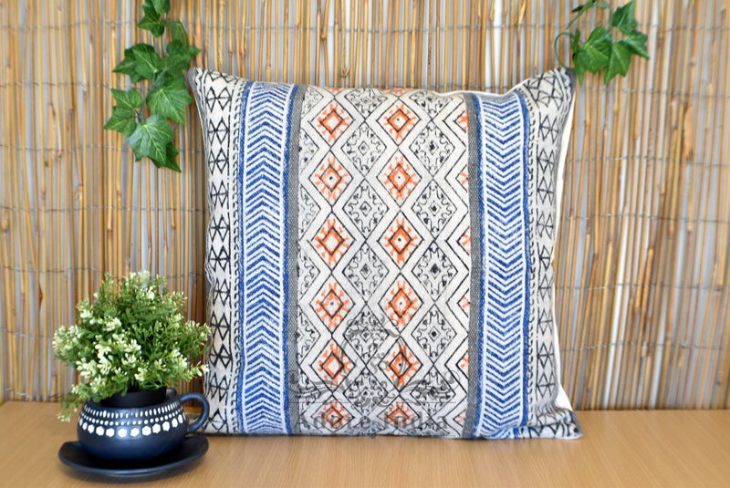 Geometrical Block Print Cotton Dari Cushion Cover Blue Org Size 65x65cm - Adore India   