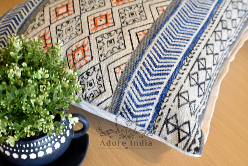Geometrical Block Print Cotton Dari Cushion Cover Blue Org Size 65x65cm - Adore India   