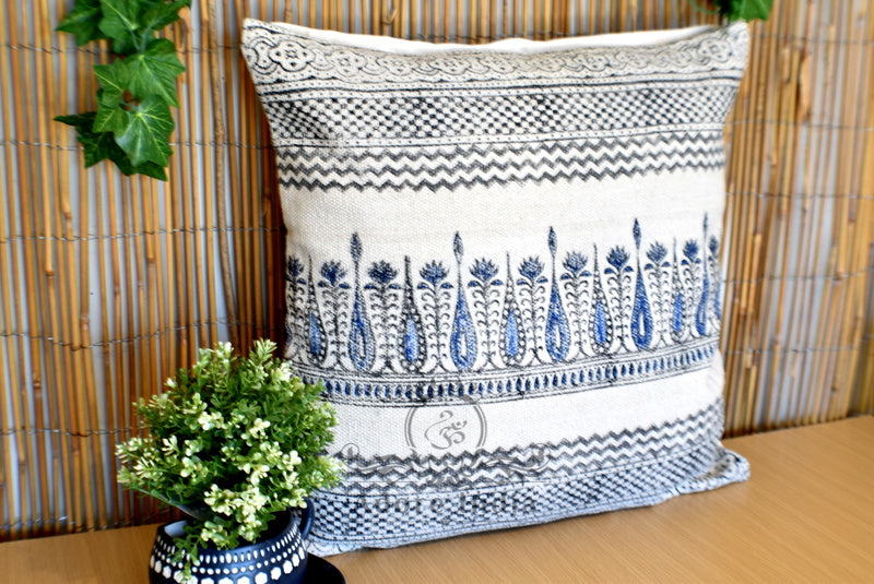 Block Print Tilak Cotton Dari Cushion Cover Blue Size 65x65cm - Adore India   