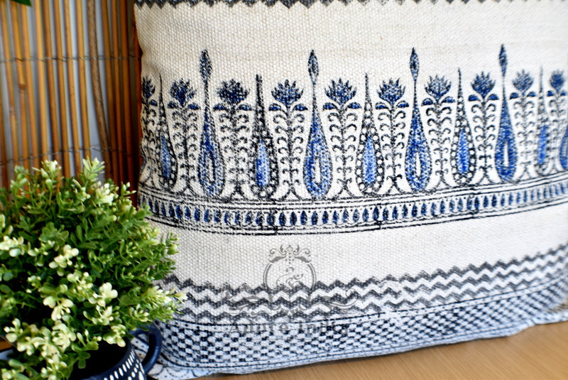 Block Print Tilak Cotton Dari Cushion Cover Blue Size 65x65cm - Adore India   