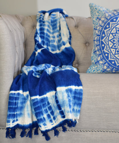Indigo Tie and Dye Cotton Sluby Bohemian Throw - Adore India   