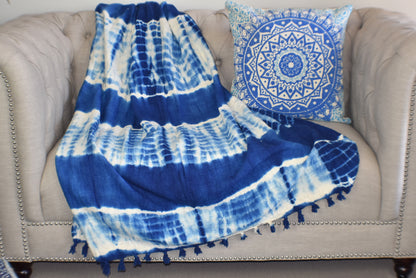Indigo Tie and Dye Cotton Sluby Bohemian Throw - Adore India   