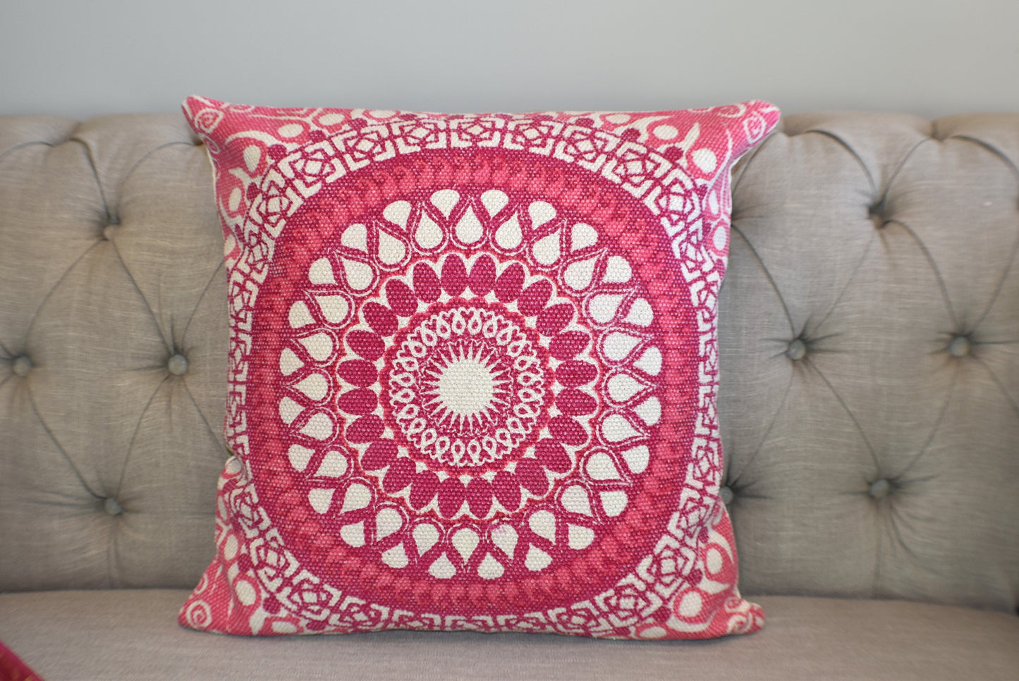 Block Print Pink Daisy Mandala Dari Cushion 50 cms - Adore India   