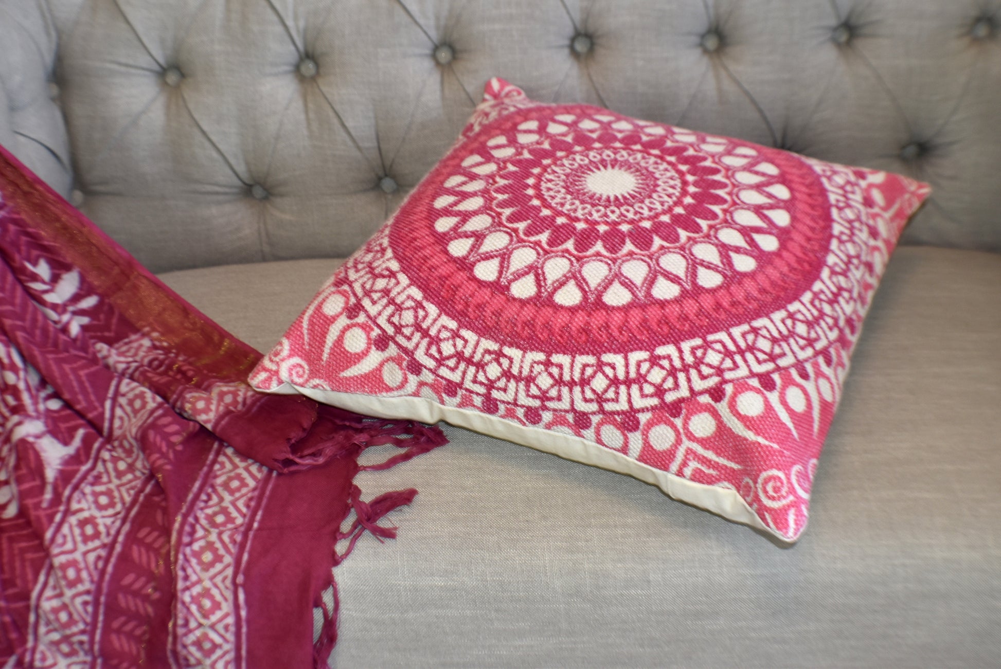 Block Print Pink Daisy Mandala Dari Cushion 50 cms - Adore India   