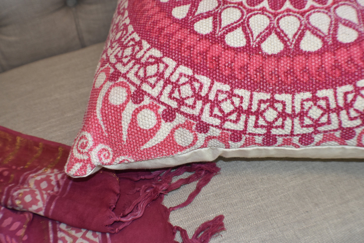 Block Print Pink Daisy Mandala Dari Cushion 50 cms - Adore India   
