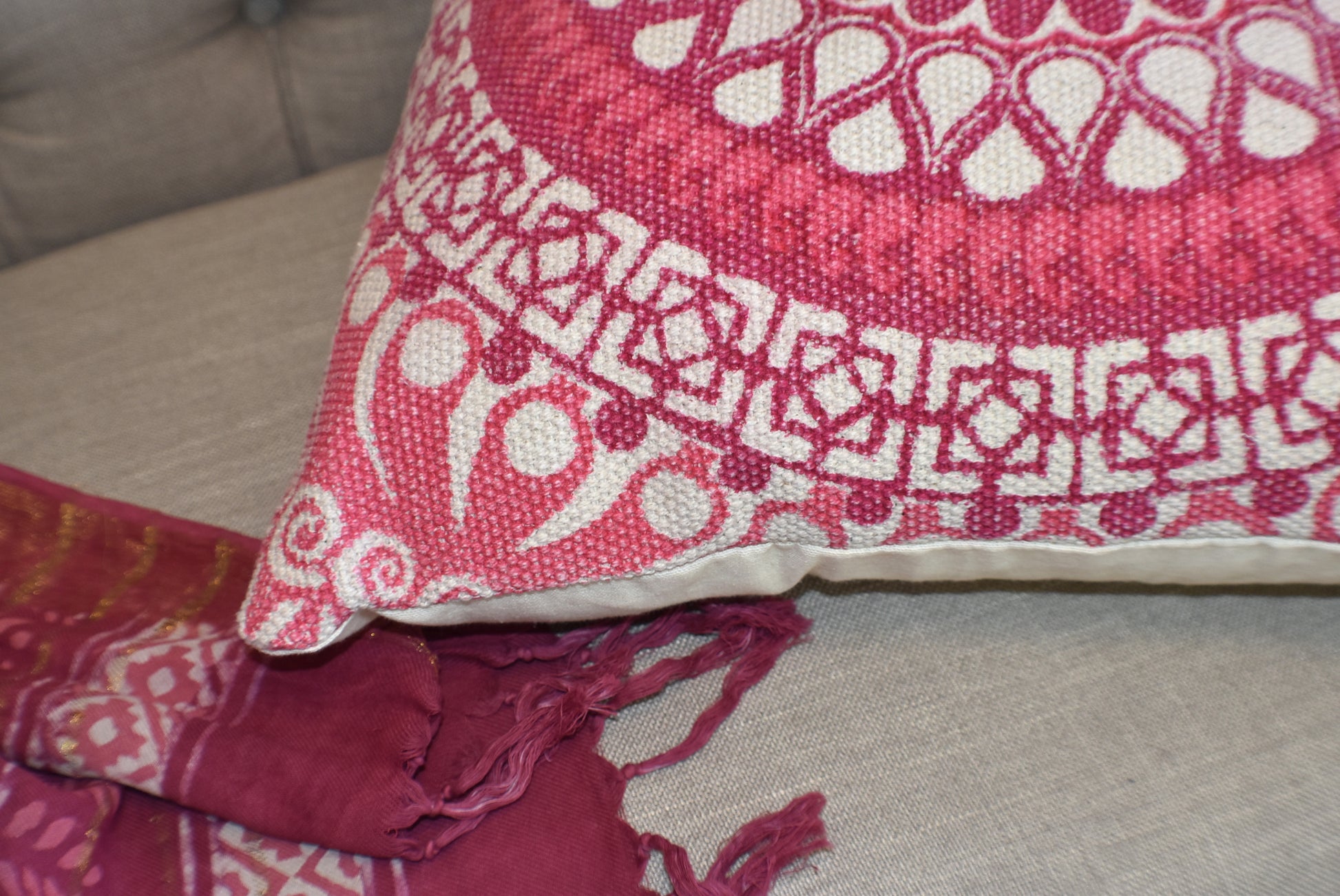 Block Print Pink Daisy Mandala Dari Cushion 50 cms - Adore India   