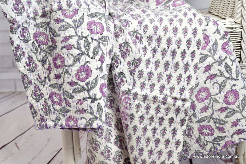 Indian Handmade Purple Hand Block Patchwork Reversible Kantha Quilt - Adore India   