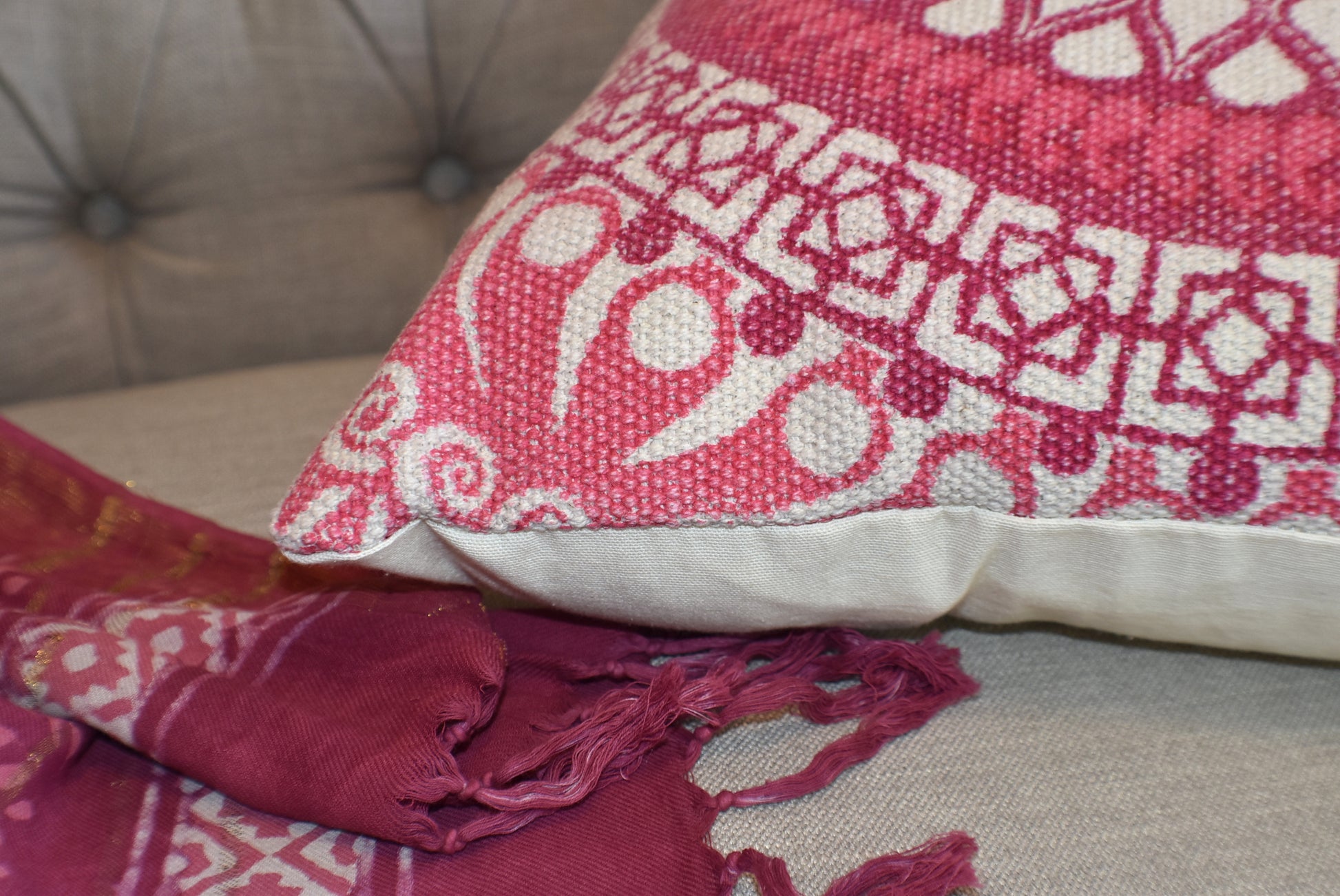 Block Print Pink Daisy Mandala Dari Cushion 50 cms - Adore India   